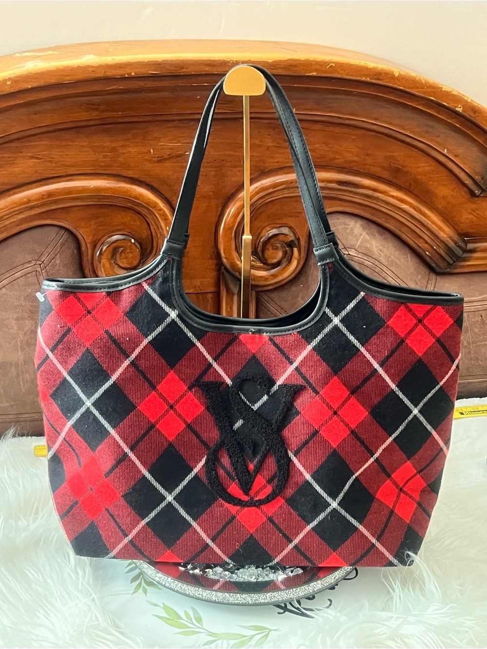 Victoria's Secret NWOT Red and Black Plaid Tote with Logo Emblem